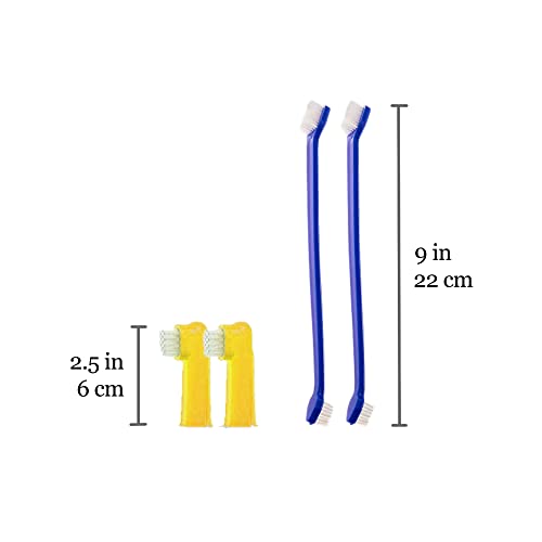 Image of SunGrow Dog & Ferret Toothbrush Set of 4, 2 Long Dual-Headed and 2 Finger Brush, Blue and Yellow, Puppy, Cat, and Small Breed Dog, 9-Inches and 2.5-Inches