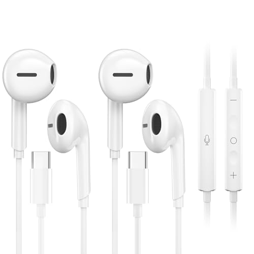 2 Packs USB C Headphones for iPhone 16/15 Pro Max iPad Plus Type C Earphones with Microphone Volume Control USB C Wired Earbuds USB Type C Earphone for Samsung S25 Ultra S24 S23 S22 S21 S20 A55