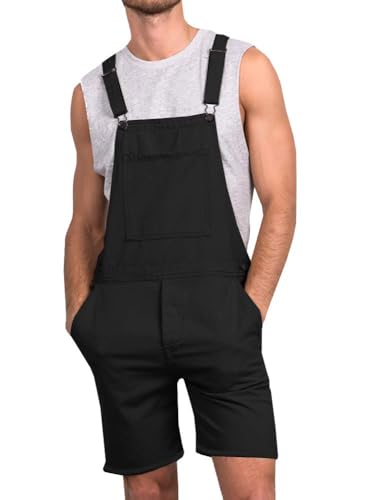 Runcati Herren Jeans Overall Baumwolle Latzhose Kurze Arbeitshose Loose Fit Männer Denim Jumpsuit mit Taschen Schwarz L