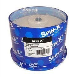 Spin-X DVD-R 8X White Thermal Hub Printable General Purpose Blank DVDR Media Discs, 47DR8-WTH50C, 4.7GB in 50 Pack Cake Box