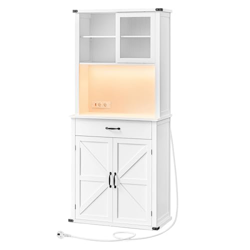 VASAGLE Meuble de Rangement avec Lumières et Chargeur, Placard de Cuisine, avec Portes et Tiroirs, 39,5 x 80,4 x 180,6 cm, Étagères Réglables, Style...