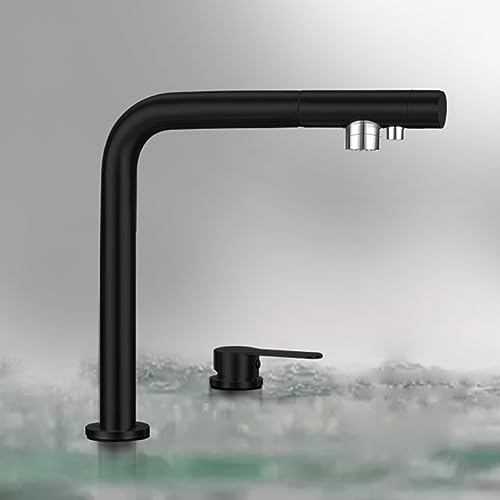 XJTNLB 3 Way Tap Black Kitchen Faucet with Front Window, Single Lever, 3 Way Water Filter Tap, Double Spout, 360 Swivel, Stainless Steel, Black Finish