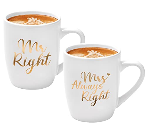 Mr Right en Mrs Always Right Koffiekopjes, set van 2, huwelijkscadeau voor bruidspaar, Mr en Mrs 2-delige set cadeau voor bruiloft, Valentijnsdag, Kerstmis, jubileum, verjaardag, 320 ml