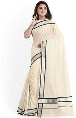 Image of Women's Kerala Traditional Cotton Kasavu Saree with Running Blouse | Sari for Weddings, Festivals, Temple Visits, Onam Vishu & Regular Wear