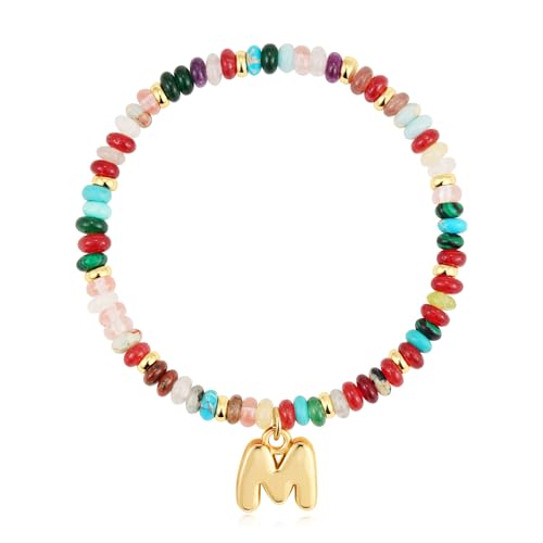 Beaded Initial Bracelets for Women, 14K Gold Plated Initial Letter Charm Rainbow Gemstone Colorful Summer Beach Jewelry for Women - Main Image