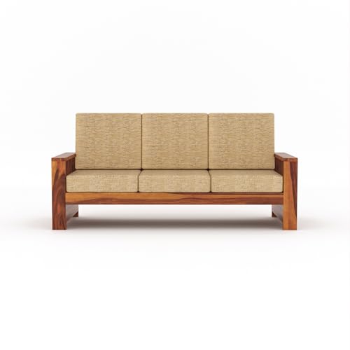 Image of Sheesham Wooden 3 Seater Sofa for Living Room | Rosewood 3 Seater Cushion Sofa with Side Rack | Solid Wood Sofa Set for Lounge (3 Seater,Honey)