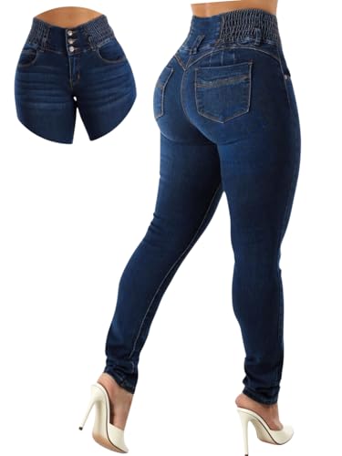 Bibabiba Butt Lifting Jeans High Elastic Waist Skinny Jeans Tummy Control Colombian Style Button Fly Stretchy Denim Pants Dark Blue