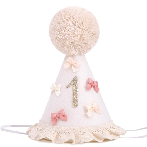 Boné de aniversário 1 ano para menina, coroa de aniversário boho com laços pastel, chapéu de primeiro aniversário bebé com pompon, decoração de festa Cake Smash e acessório fotográfico, presentes para