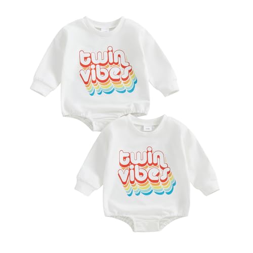 Image of GOOCHEER Newborn Baby Boy Girl Twins Matching Outfits Crewneck Sweatshirt Bubble Romper Bodysuit Fall Winter Clothes Set