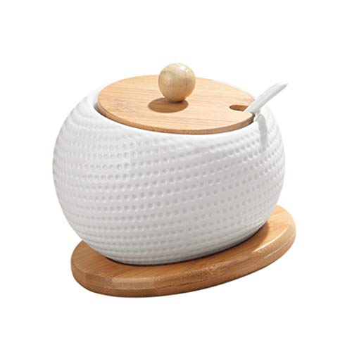 TBLOTYD Ceramic Condiment Jar with Wooden Lid Spoon Spice Pots Hanging Serving Jars Seasoning Box Kitchen Storage Container for