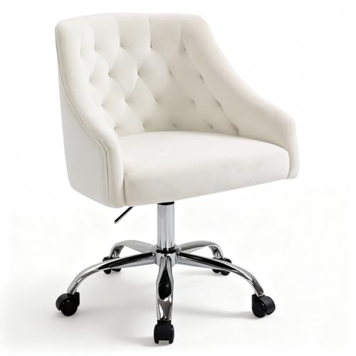 WOEOA Fluwelen Bureaustoel, Ergonomische Bureaustoel, 360° Draaibaar, In Hoogte Verstelbaar, Voor Woonkamer, Slaapkamer, Studie, Tot 135 kg, Meisjes (Wit)