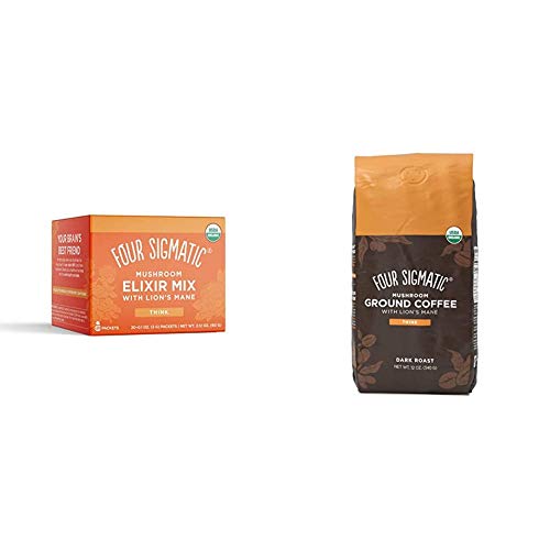Four Sigmatic Lion's Mane Mushroom Elixir, Organic Lion's Mane Mushroom Powder, Pack Of 20 & Four Sigmatic Mushroom Ground Coffee, Organic And Fair Trade Coffee With Lions Mane, 12 Oz Pack May Vary #TOP23