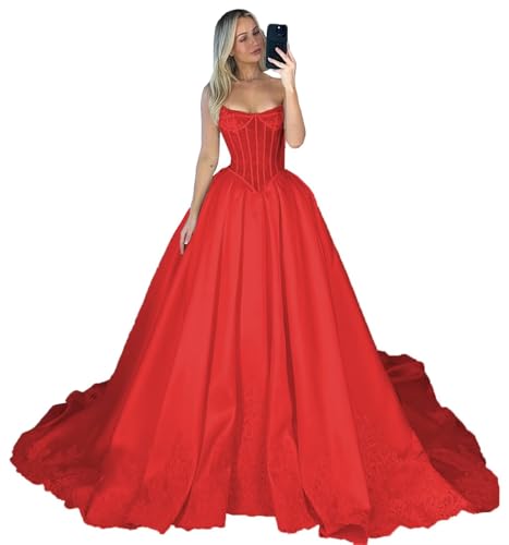 Strapless Satin Wedding Dresses for Bride Long Satin Laces Corset Bridal Ball Gown A Line Prom Dress with Train