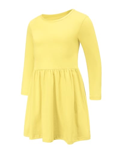 Vestido liso de manga corta para niñas, vestidos casuales de algodón acampanado, vestidos de patinadora para niñas de 2 a 14 años, Manga larga amarilla lisa, 2-3 años