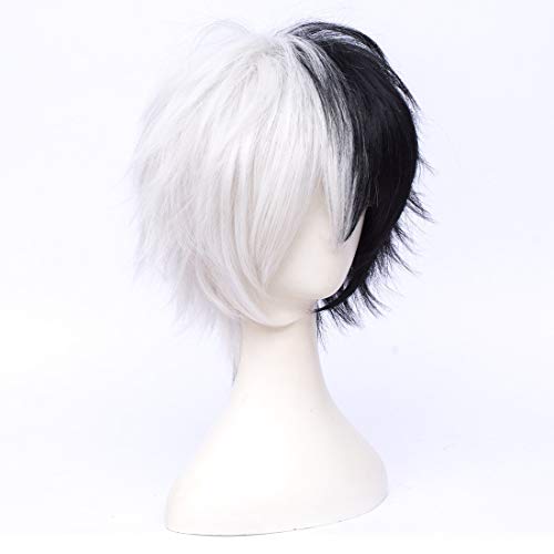 Wiggy Mermaid Black and White Wig Male for Cosplay Costume Mens Unisex Short 2 Tone Anime Spiky Split Halloween Wigs for Adults with Cap