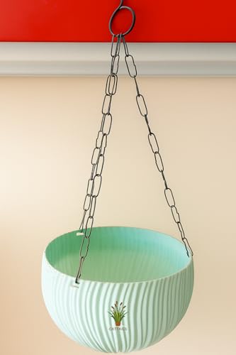 Image of Hanging Flower Pots with Chain - Set of 4 | Eco-Friendly White Plastic Planters for Balcony, Indoor & Outdoor Use | Round Ribbed Design (Light Blue 4 Pieces)