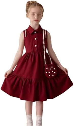 Girls Summer Dress Pearl Turn Down Collar Boho Beach Tank Sundress Casual Smocked Tiered Maxi Dresses 2-8 Years
