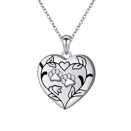 FLYOW 925 Sterling Silver Cute Paw Print Forever Love Heart Pendant Necklace/Bracelet/Stud Earrings Gift for Women, Box Chain 18