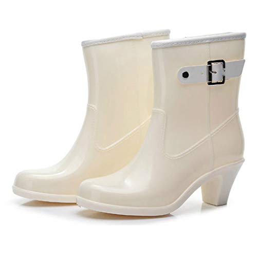 Botas de agua para mujer, media altura, chick, botines para mujer, con tacón puntiagudo, impermeables, botines de lluvia, elegantes zapatos de jardín con botas ajustables, botas de lluvia