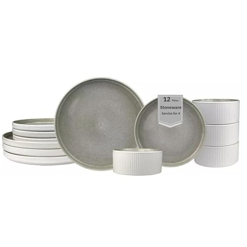 Sango 12 Pieces Stoneware Fluted Dinnerware Set, Modern Cream Dishes for 4, Premium Serving Plates and Bowls Sets, Chip & Scratch Resistant, Ceramic Kitchen Dish, Microwave & Dishwasher Safe, Anderson Sango 12 Pieces Stoneware Fluted Dinnerware Set, Modern Cream Dishes for 4, Premium Serving Plates and Bowls Sets, Chip & Scratch Resistant, Ceramic Kitchen Dish, Microwave & Dishwasher Safe, Anderson