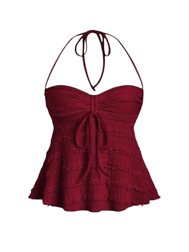 SHENHE Women's Babydoll Tops Halter Neck Strapless Lace Trim Drawstring Going Out Peplum Tops