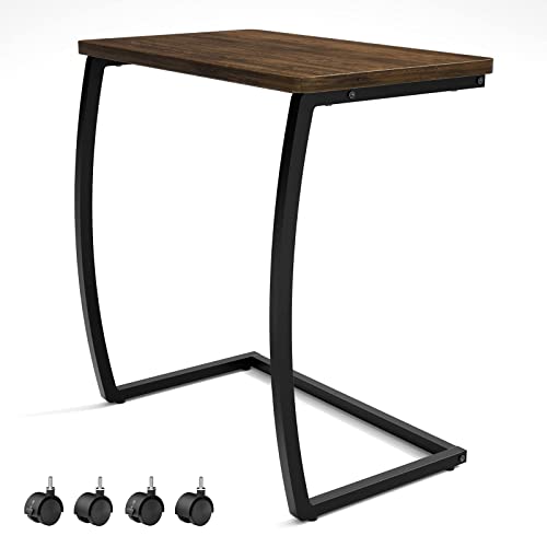 Sriwatana Side Table, C-Shaped End Table With Rolling Wheels,Rustic Sofa Couch Table For Laptop Coffee Snack, Dark Walnut #TOP30