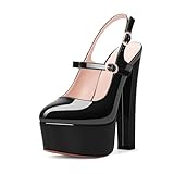 Odetina Women's Platform Sexy Chunky High Heel Slingbacks Pumps Round Toe Ankle Strap Party Dress Shoes (Black,7)