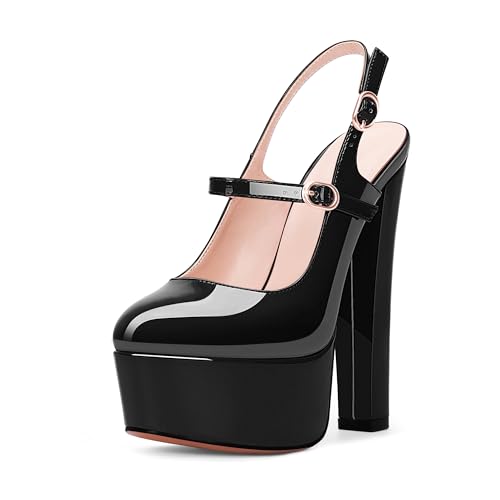 Women's Platform Sexy Chunky High Heel Slingbacks Pumps Round Toe Ankle Strap Party Dress Shoes
