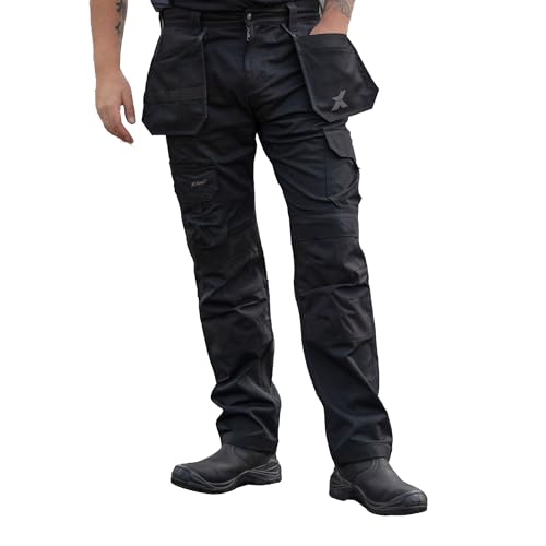 Xpert - Pro Stretch+ Work Trousers Mens 34W / 33L Black Tapered Fit Combat Cargo Pants with Stretch Panels Multi Utility Pockets Flex Waistband and Knee Pad Pockets