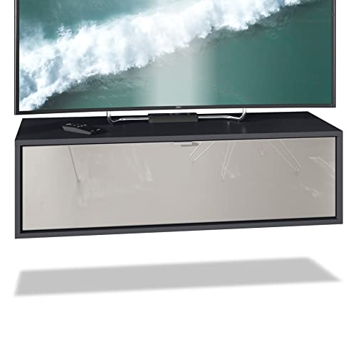 Vladon Meuble TV Lana 100 Armoire Murale lowboard 100 x 29 x 37 cm, Caisson en Noir Mat, façades en Gris Sable Haute Brillance | Grand Choix de Couleurs