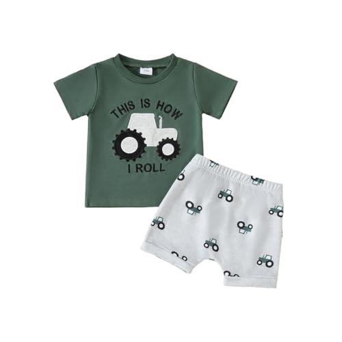 LUVCES Conjuntos Ropa para Bebé Niño Pequeño, Camiseta Divertida con Bordado de Letras Top y Cintura Elástica Pantalones Cortos 2 Piezas Primavera y Verano Trajes Camión verde 3-6 Meses