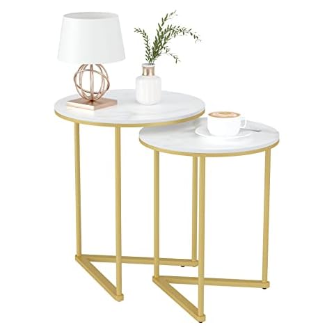 Marble Top Side Table Gold: 2 Nesting Small Sofa End Tables Round Bedside Nest Sets High Gloss Sintered Stone Marble Tabletop with Golden Metal Legs Nested Accent Tables for Living Room Offices Cover