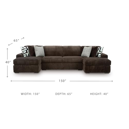 Image of Signature Design by Ashley Midnight-Madness Sectional, U-Shape 3-Piece Double Chaise, Plush Jumbo Corduroy Upholstery, Oversized Lounging for Family Movie Nights, 150 inch W, Chocolate Brown