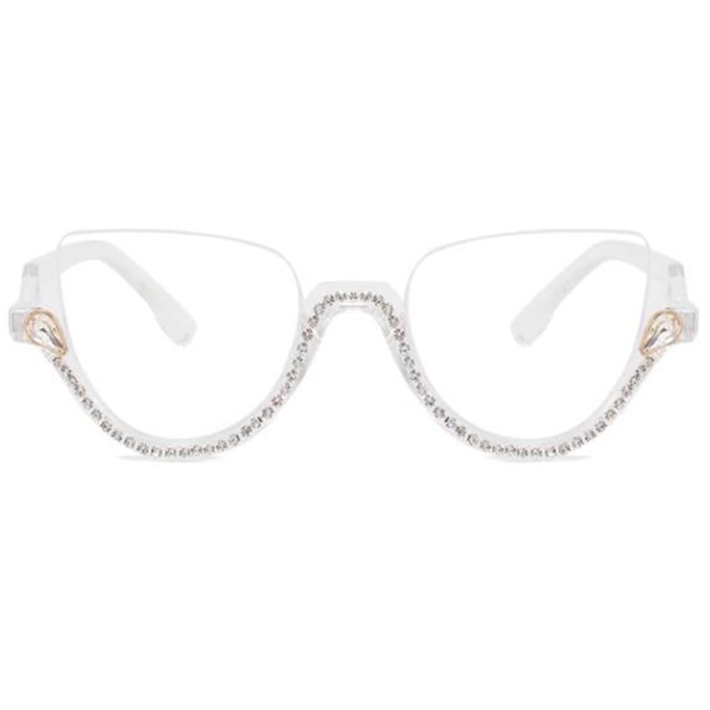 Medio Marco Ojo De Gato Gafas De Lectura Para Mujeres，Elegantes Diamante Anteojos De Lectura，+1.5 Grande Ayuda Visual Rhinestones