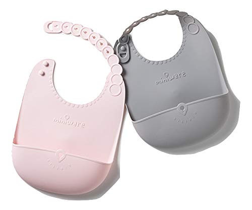 Miniware Roll and Lock Bib Silicone Baby Bib 2 Pack (Grey + Cotton Candy)