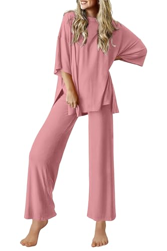 Image of Ekouaer Lounge Sets for Women Short Sleeve Tops and Long Pants Soft Comfy Pajamas Set 2 Piece Outfits S-XXL