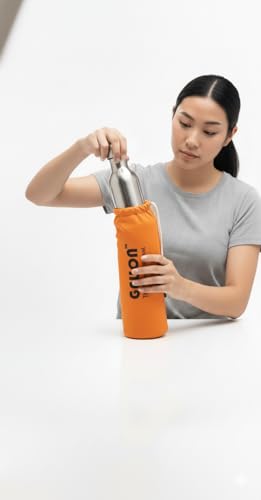 Image of Gellon Bottle Cover In Polyester Cloth For 750 ML, 1 L to 1.5 Litre Water Proof Drawstring Closer For Travel, Hiking, Office & School Kids In Orange Color