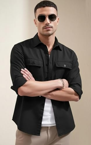 Image of SMOWKLY Men's Casual Shirt | Full Sleeve Button Down Shirt with Dual Chest Pockets | Stylish Regular Fit 100% Cotton Office, Party Shacket | Fashionable Western Outfit