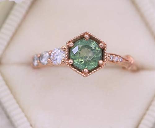 Teal Montana Sapphire Ring, 1 carat Montana Sapphire Engagement Ring, One Of A Kind Cluster Ring, Teal Green Sapphire Hexagon Ring