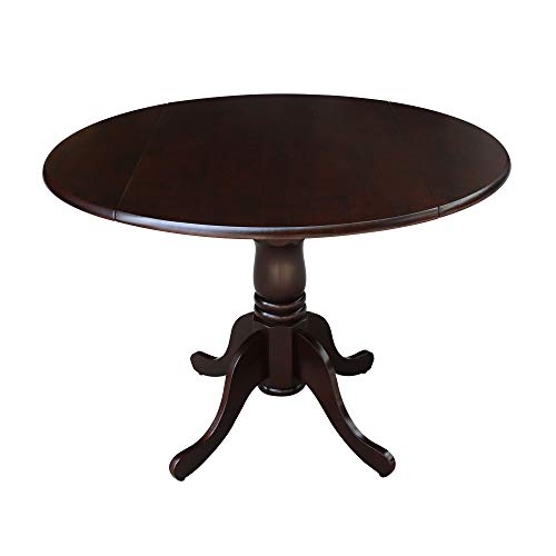 IC International Concepts, 42" Round Dual Drop Leaf Pedestal Dining Table, Solid Real Wood, Sturdy Parawood, Rich Mocha