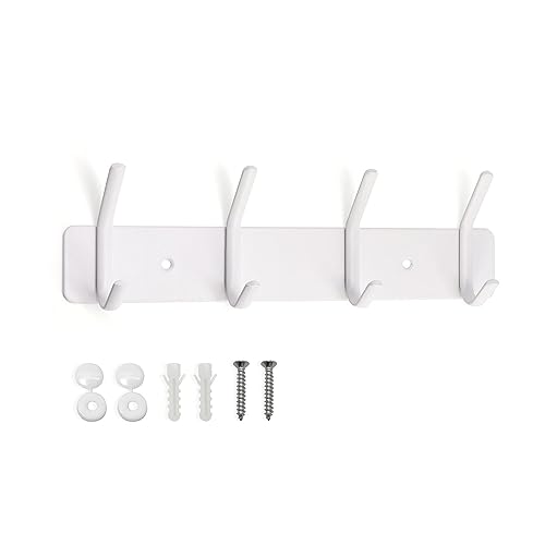 AJLTPA Coat Hooks Wall Mounted Heavy Duty Coat Rack 4 Double Hooks Metal Coat Rail White Coat Pegs for Hanging Clothes Hat Bags Towels Space Saving Organizer for Modern Home
