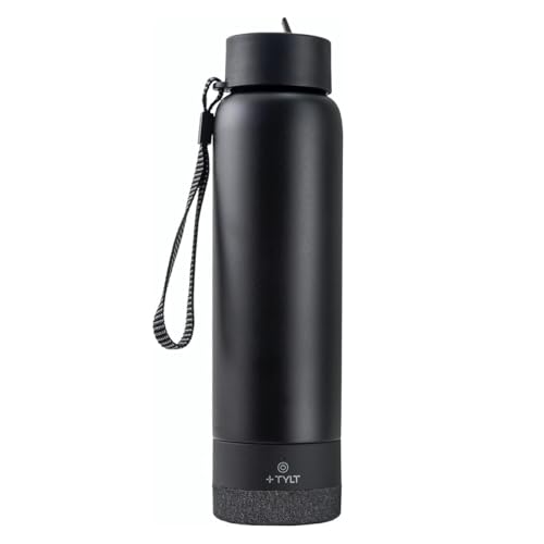TYLT Lautsprecherflasche, wiederaufladbar, tragbar, kabellos, Bluetooth-Lautsprecher für den Außenbereich, doppellagig, vakuumisoliert, Edelstahl, 680 ml, Schwarz