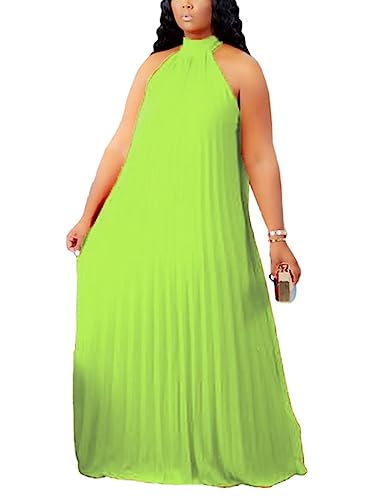 Image of Aro Lora Womens Casual Sleeveless Plus Size Chiffon Halter Neck Pleated Loose Long Maxi Dress