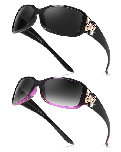 FIMILU（2Pack Polarized Sunglasses for Women Wrap Around Glasses Trendy Butterfly Decor Fashion Accessories UV400 Protection