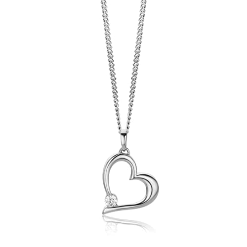 Orovi Colgante Corazón de Oro Blanco con Circonita Cúbica talla brillante, Oro9KT 375 auténtico, Suministrado con cadena de Plata de Ley 925, Collar de oro blanco para mujer. Cadena de plata Cm. 45.