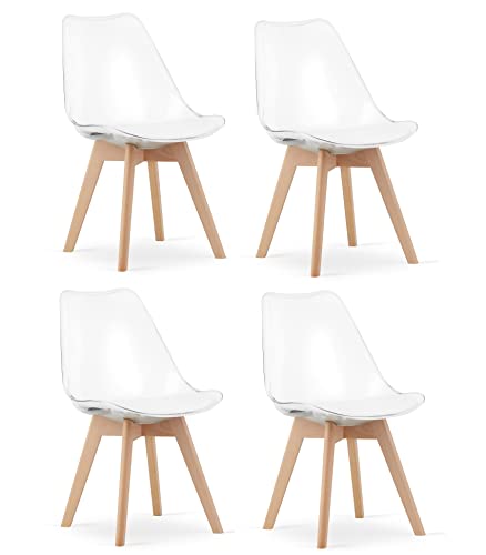 NMK HOME Sillas Comedor Pack 4 - Transparente Sillas de Cocina - Patas de Silla en Madera de Haya - Piel Sintética...