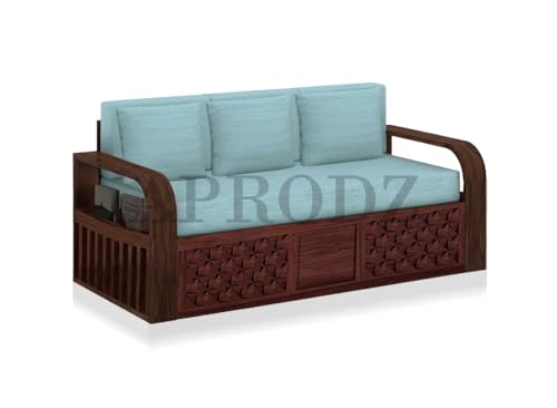 Image of APRODZ Solid Sheesham Wood Sofa Cum Bed 3 Seater Velevt Fabric with Blue Upholstery & Cushion Perfect Sofa Furniture for Home Living Office Room and Guests (Walnut Finish 75x69x30-Inch)