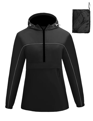 Avoogue Raincoat Women Reflective Waterproof Rain Jackets Half Zipper Packable Outdoor Hooded Windbreaker Lined Jacket