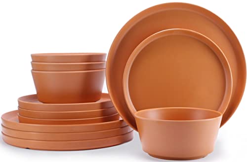 Melamine Dinnerware Set, 12Pcs Dinnerware Sets, Dish Set For 4 Plates And Bowls Sets Duarable Dishwasher Safe Bpa Free (Pumpkin Red) #TOP7