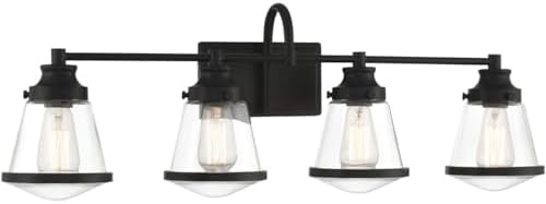 Minka Lavery 2584-66A Mannsdale Clear Glass Schoolhouse with Metal Band Bath Vanity Wall Light, 4-Light 240 Total Watts, 11" H x 33" W, Coal Black